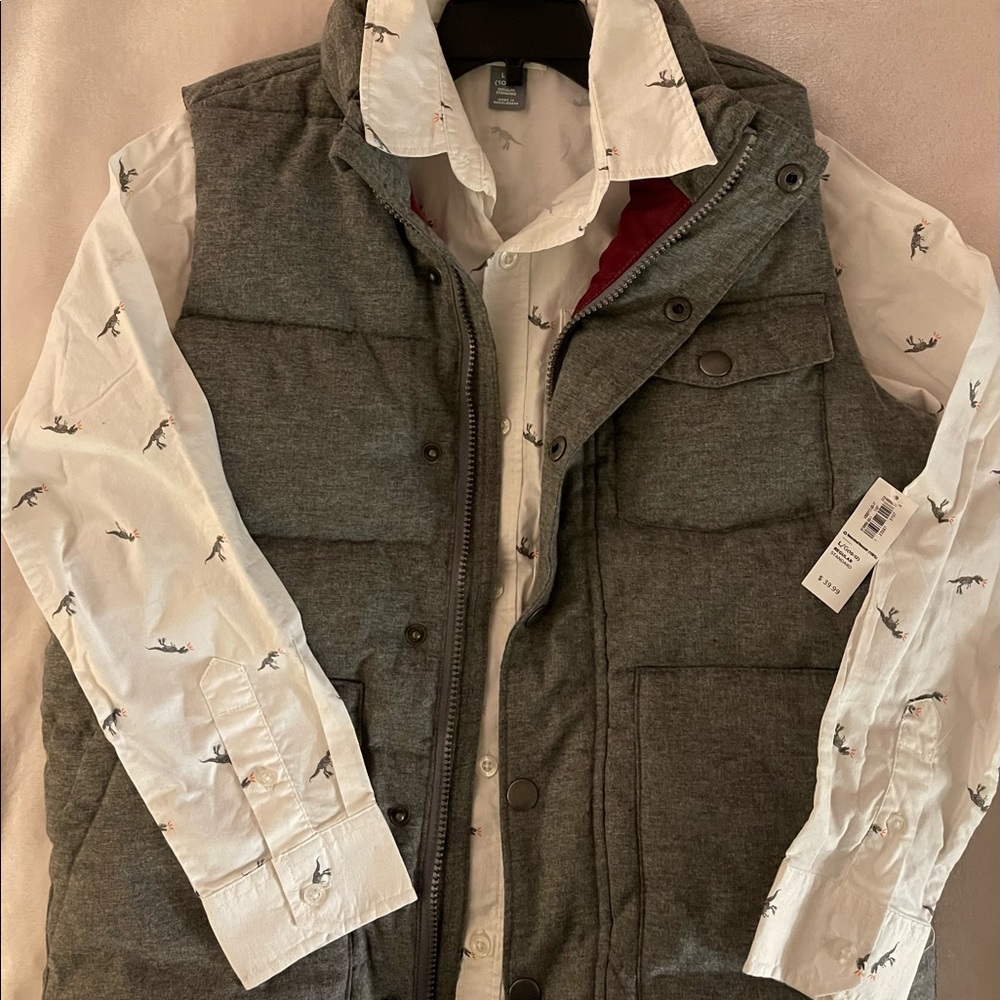 Boys Old Navy Dinosaur Button Down Shirt & Puffer Vest- Size L (10/12) NWT!